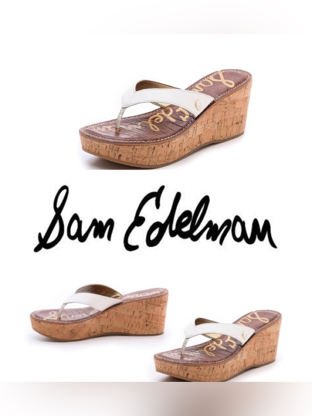 Sam Edelman White and Brown Women's Thong Wedge Sandals